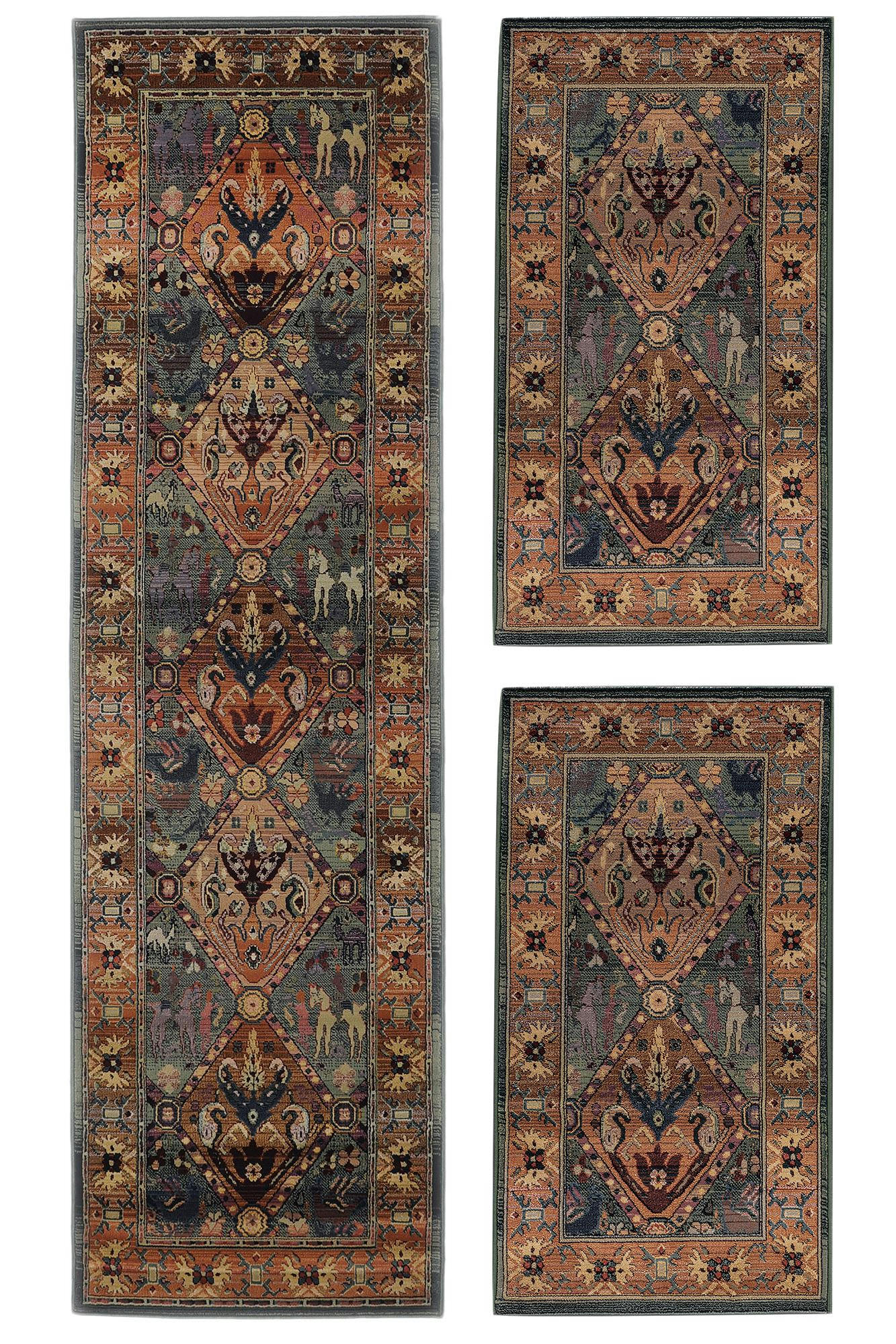 GABIRO - Tapis d'orient nomade tissé machine - Vert 68x235 cm