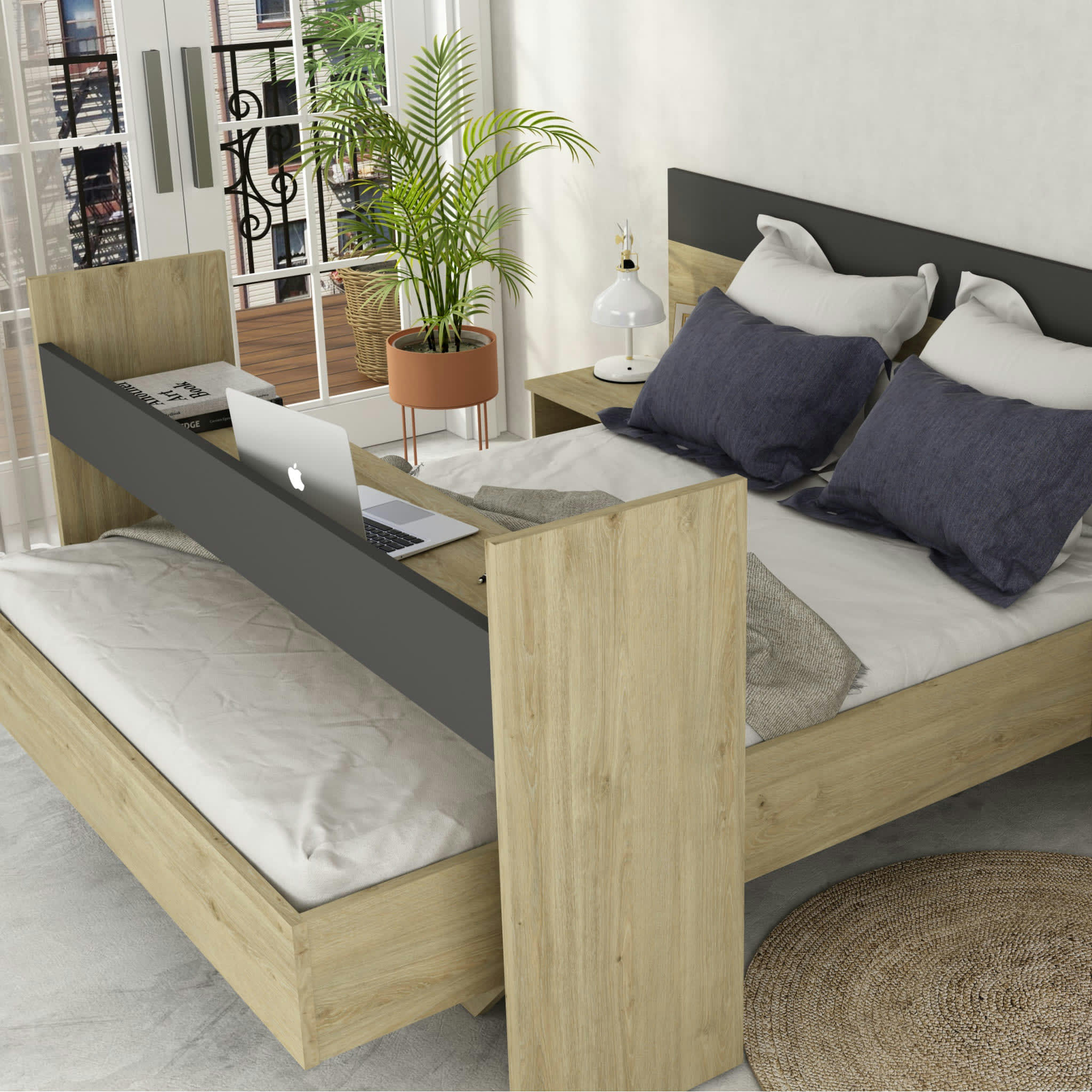 - Bureau à roulettes en bois clair et gris