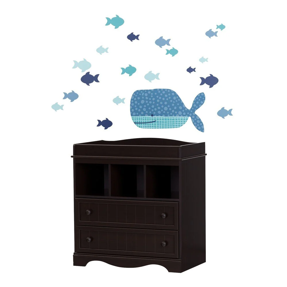 South Shore Savannah Espresso and Blue Changing table with Little Whale Wall Decals