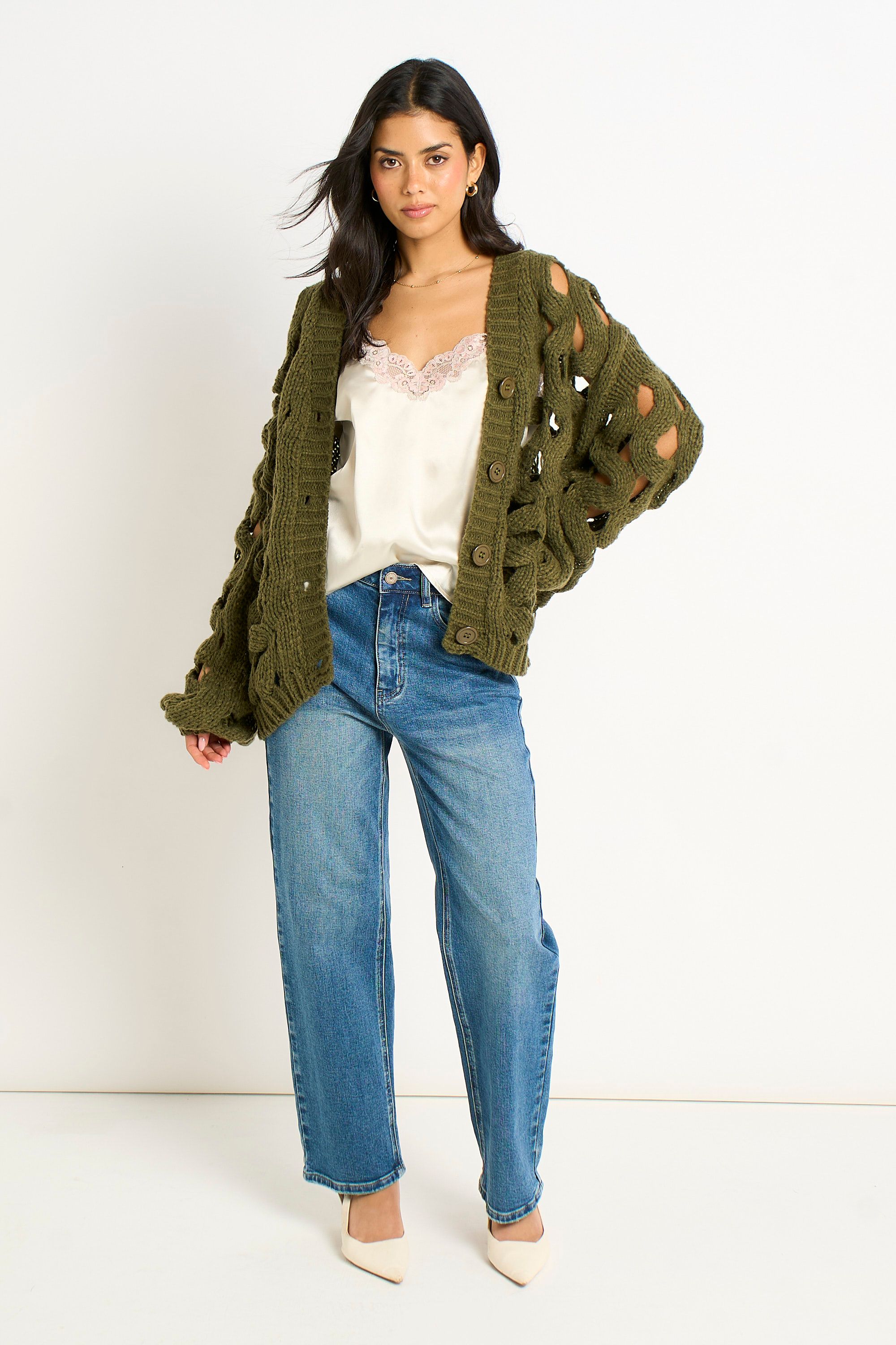 Gini London Khaki Hollow Chunky Knit Cardigan