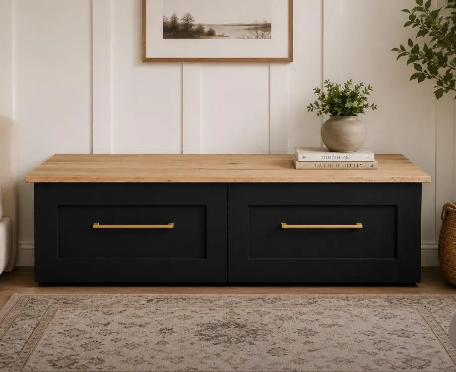 Custom Solid Wood Storage Bench, Farmhouse Entryway Mudroom Furniture, Two-Drawer Design