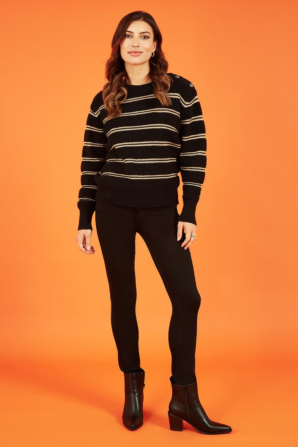 Yumi Black Jumper With Gold Stripes and Button Details