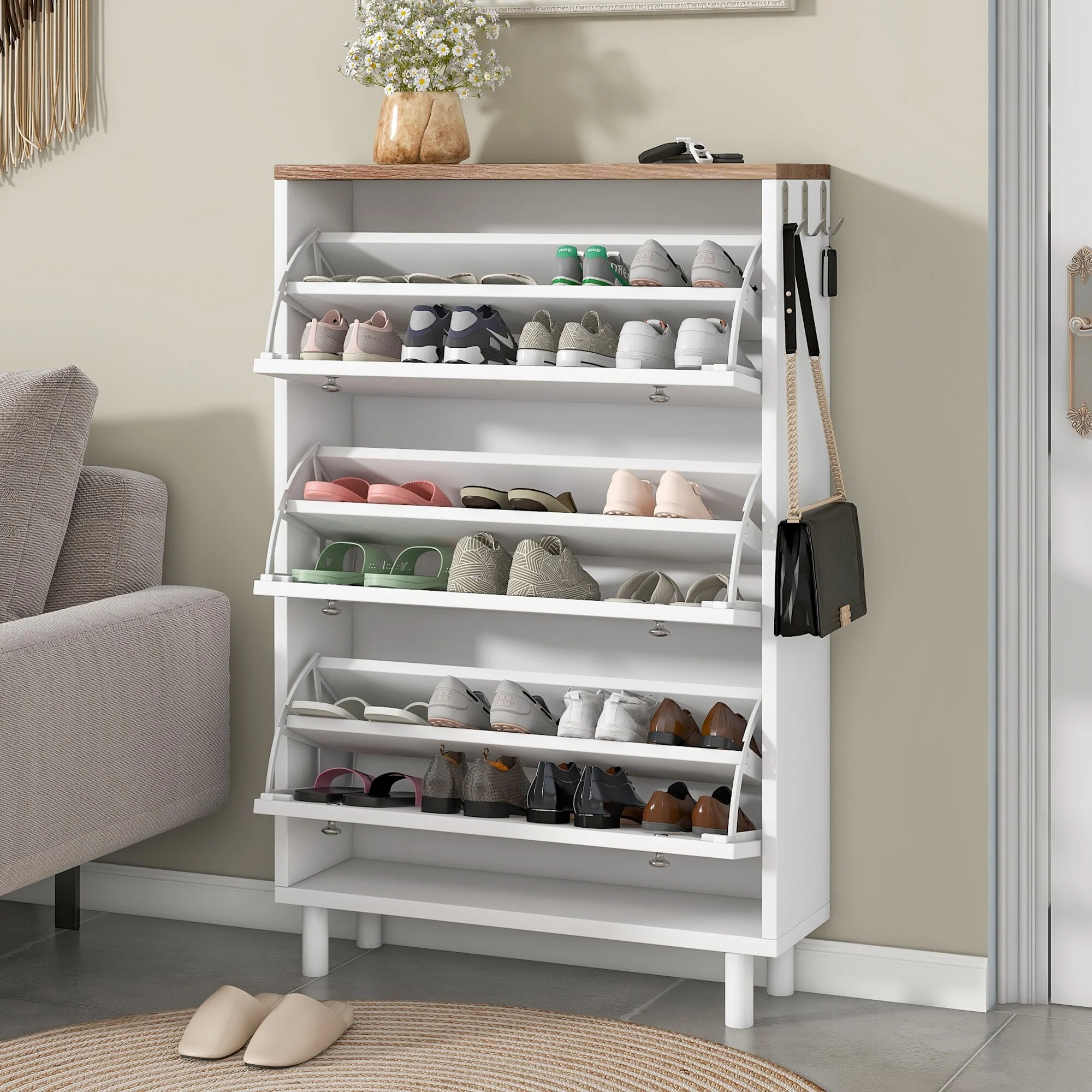 Narrow Shoe Storage Cabinet with 3 Flip Drawers, 3 Hooks 24 Pair Wood Shoe Shelves, Round Leg Shoe Cabinet for Entryway