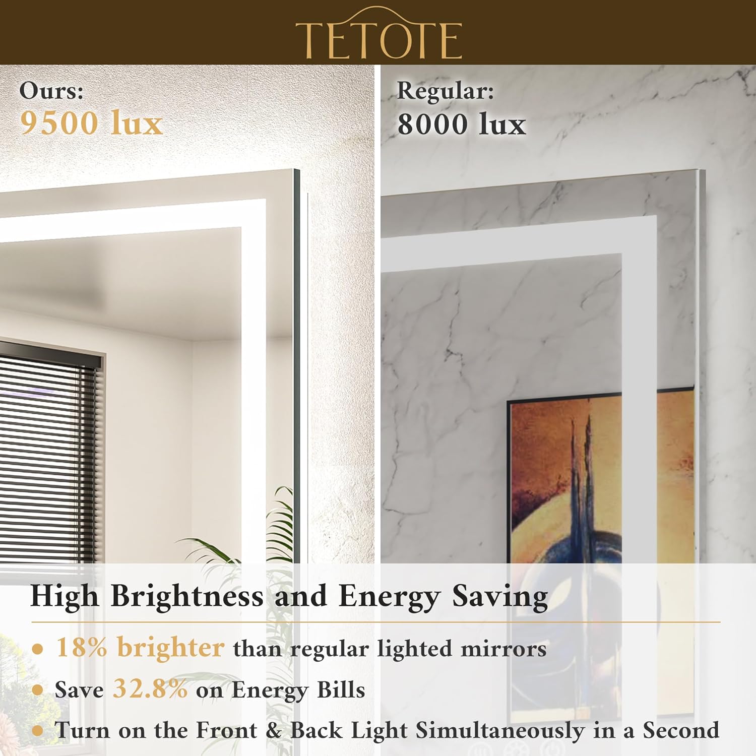 TETOTE LED Lighted Bathroom Mirror with Lights 48 x 30 Brighter Front and Backlit Light up Mirror for Bathroom Wall, Illuminated Vanity Anti Fog Mirror, 3-Color Stepless Dimmable, Tempered Glass