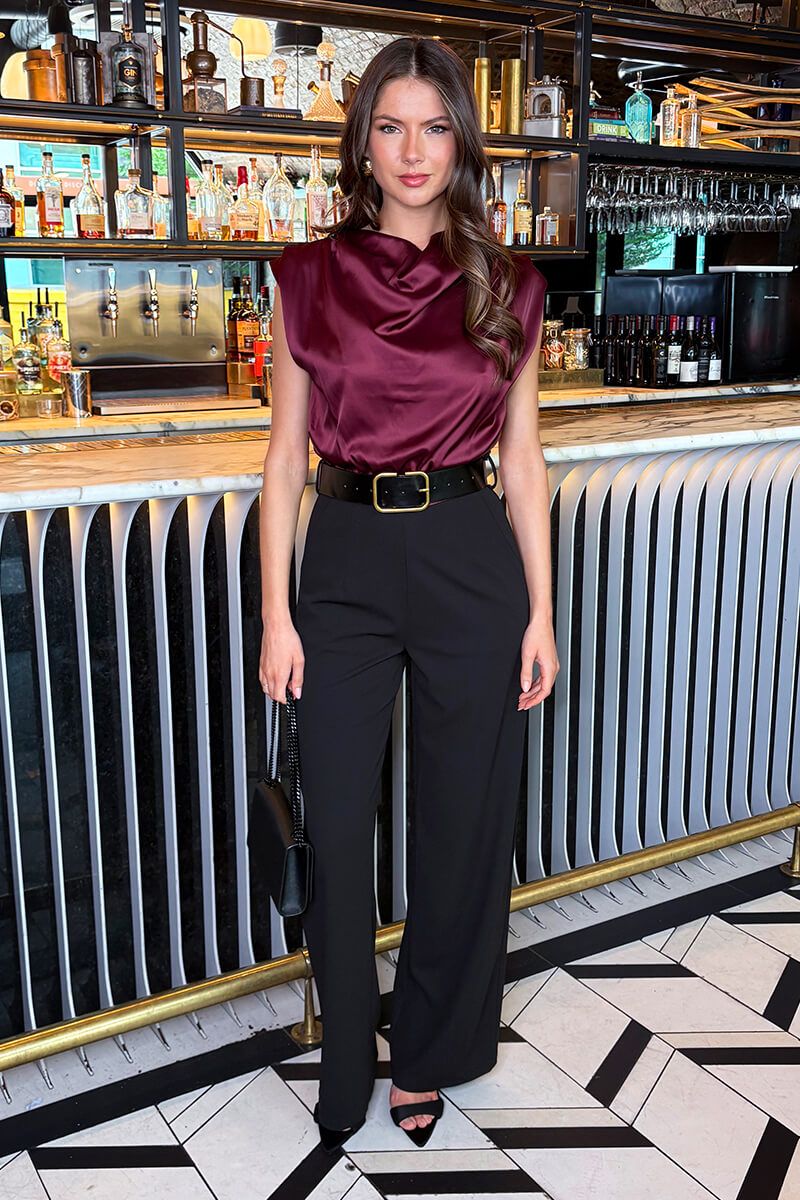 AX Paris Dark Plum 2 in 1 Draped Neck Belted Wide Leg Jumpsuit
