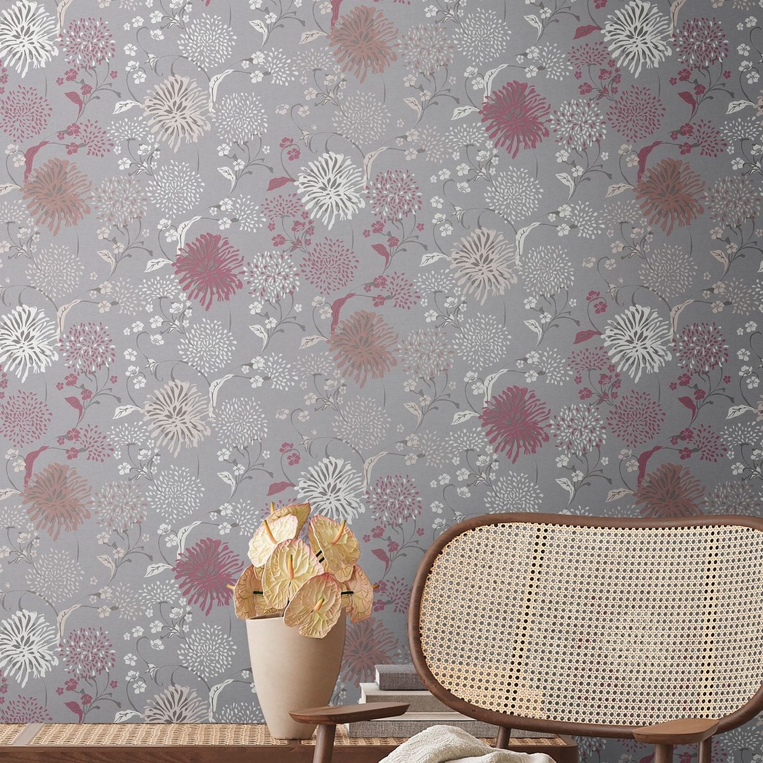 Livingwalls behang bloemmotief grijs, wit, rood en lila paars - 53 cm x 10.05 m - AS-389002