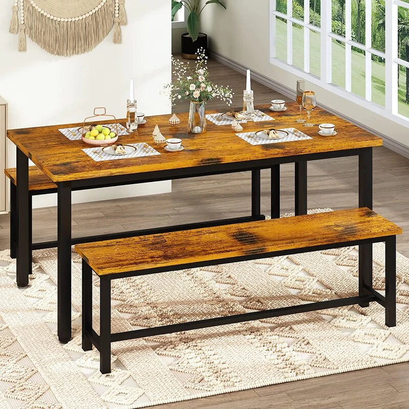 Industrial 3-Piece Dining Table Set, Retro Wood Kitchen Table Set with 2 Benches for Home Kitchen, Dining Room, Restaurant