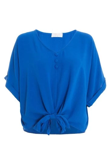 Quiz Blue Button Detail Tie Front Top