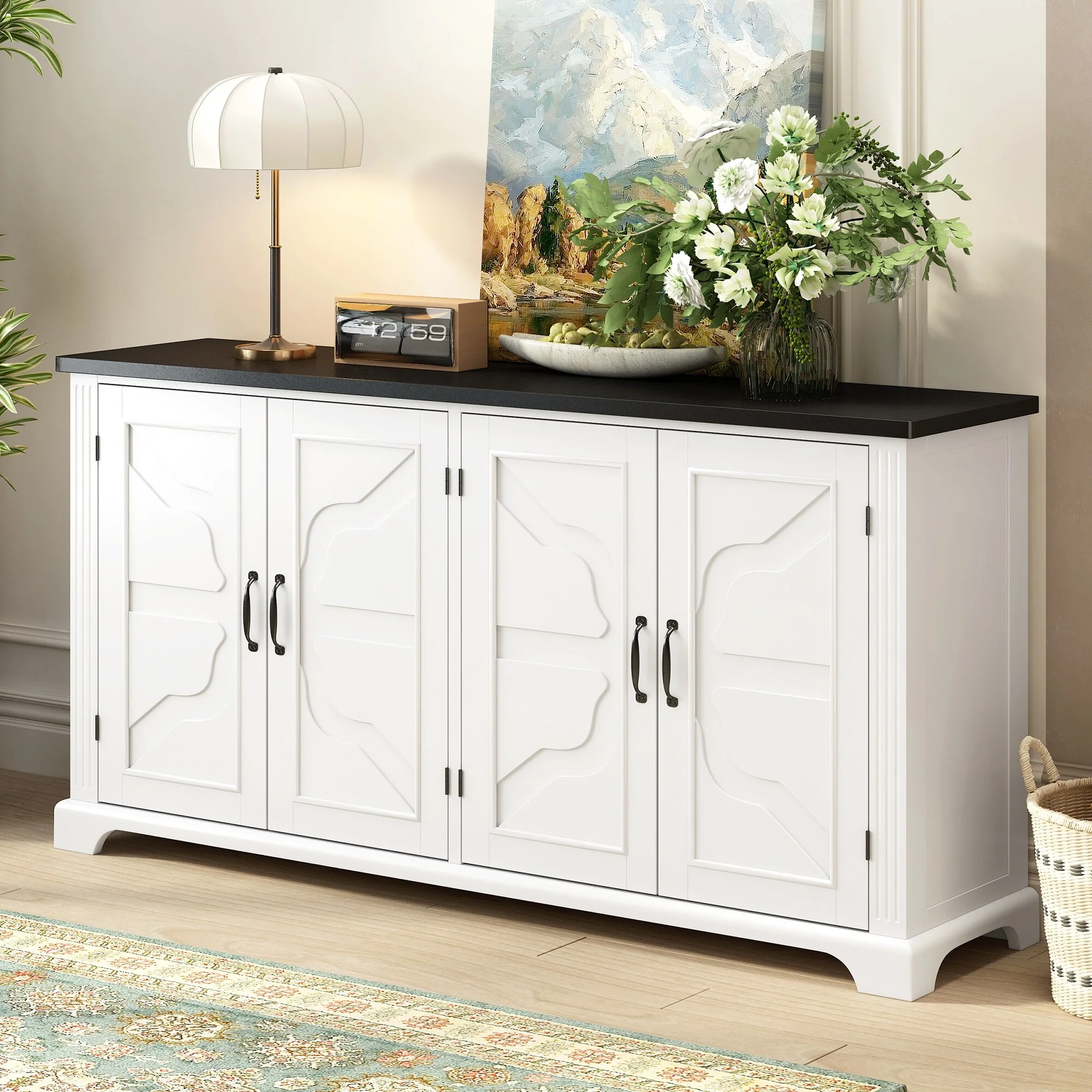 Coffee Bar Cabinets Wooden Sideboard with 4 Pinewood Doors and Legs, Storage Cabinet Kitchen Cabinet with 4 Metal Handles