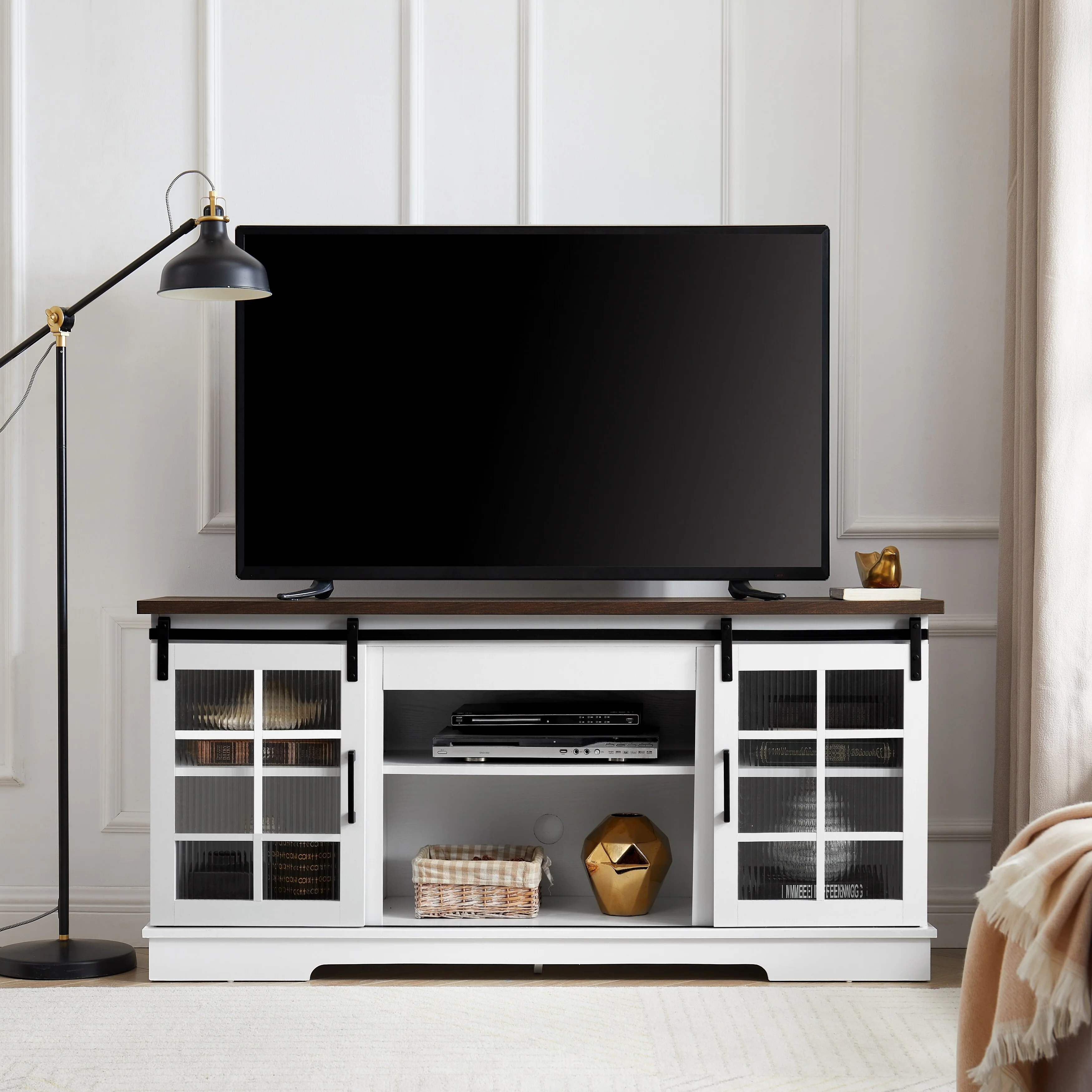 White 59 TV Stand with 2 Sliding Glass Doors and Adjustable Shelves for TVs Up to 65