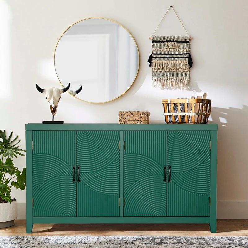 59 Green Accent Cabinet with Four Doors - Mid-Century Modern Pantry, Wood Buffet, Media Console & Versatile Storage.