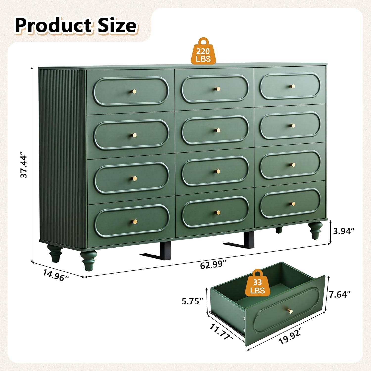 ORRD 12 Drawer Fluted Dresser for Bedroom, Mid Century Modern Chest of Drawers, Wood Storage Small Dresser Organizer for Bedroom Living Room Hallway Closet, Green
