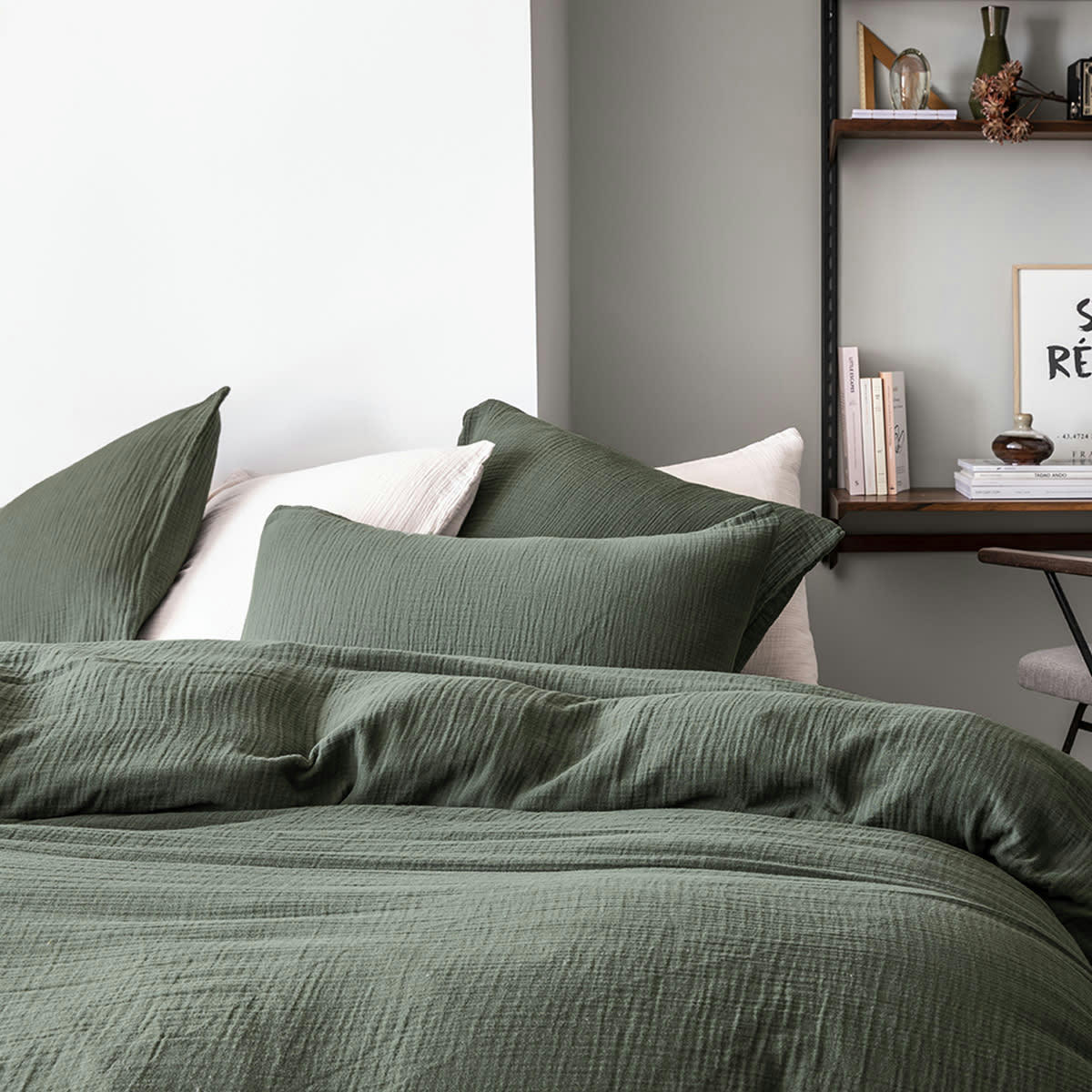 TENDRESSE - Housse de couette unie en gaze de coton vert 240x220