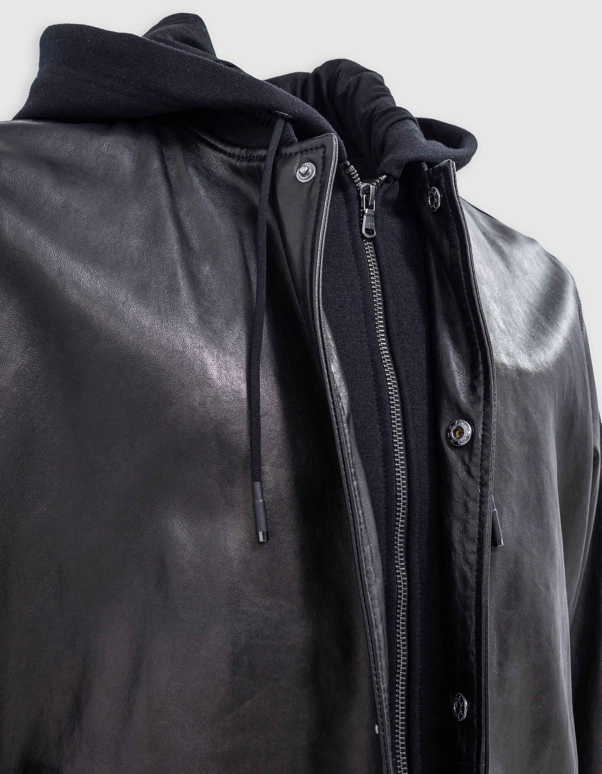 Bomber noir en cuir à parmenture amovible Homme