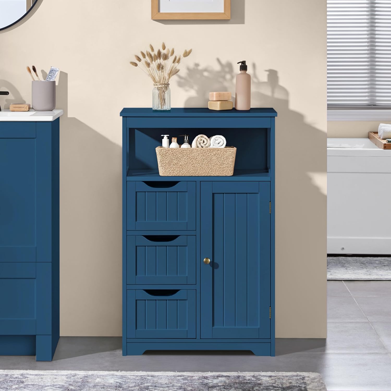 Yaheetech Bathroom Floor Cabinet, Free Standing Wooden Storage Organizer Multiple Tiers Storage Living Room Cabinet, Navy Blue