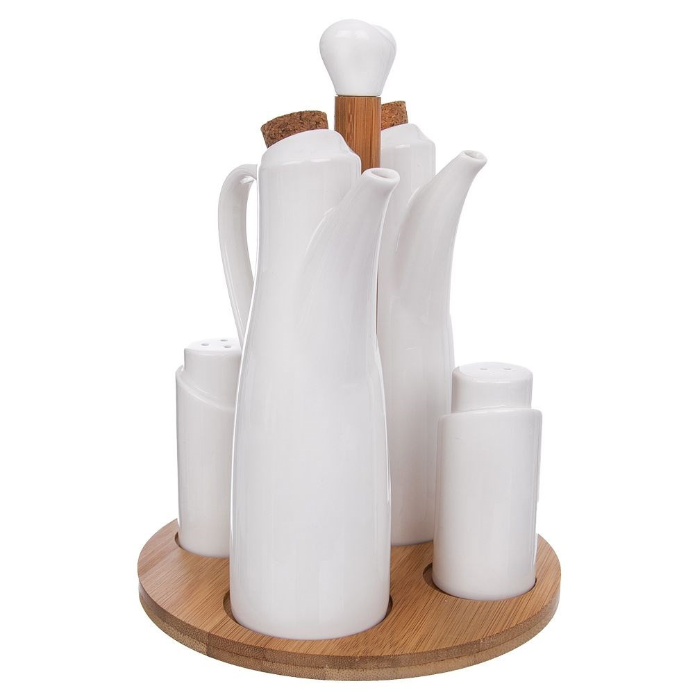 Solniczka, pieprzniczka, butelki na olej i ocet porcelanowe