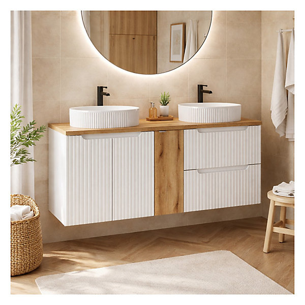 Ensemble de salle de bain VANO blanc 140cm : meubles sous vasque à tiroirs et placards et deux vasques à poser rainurées