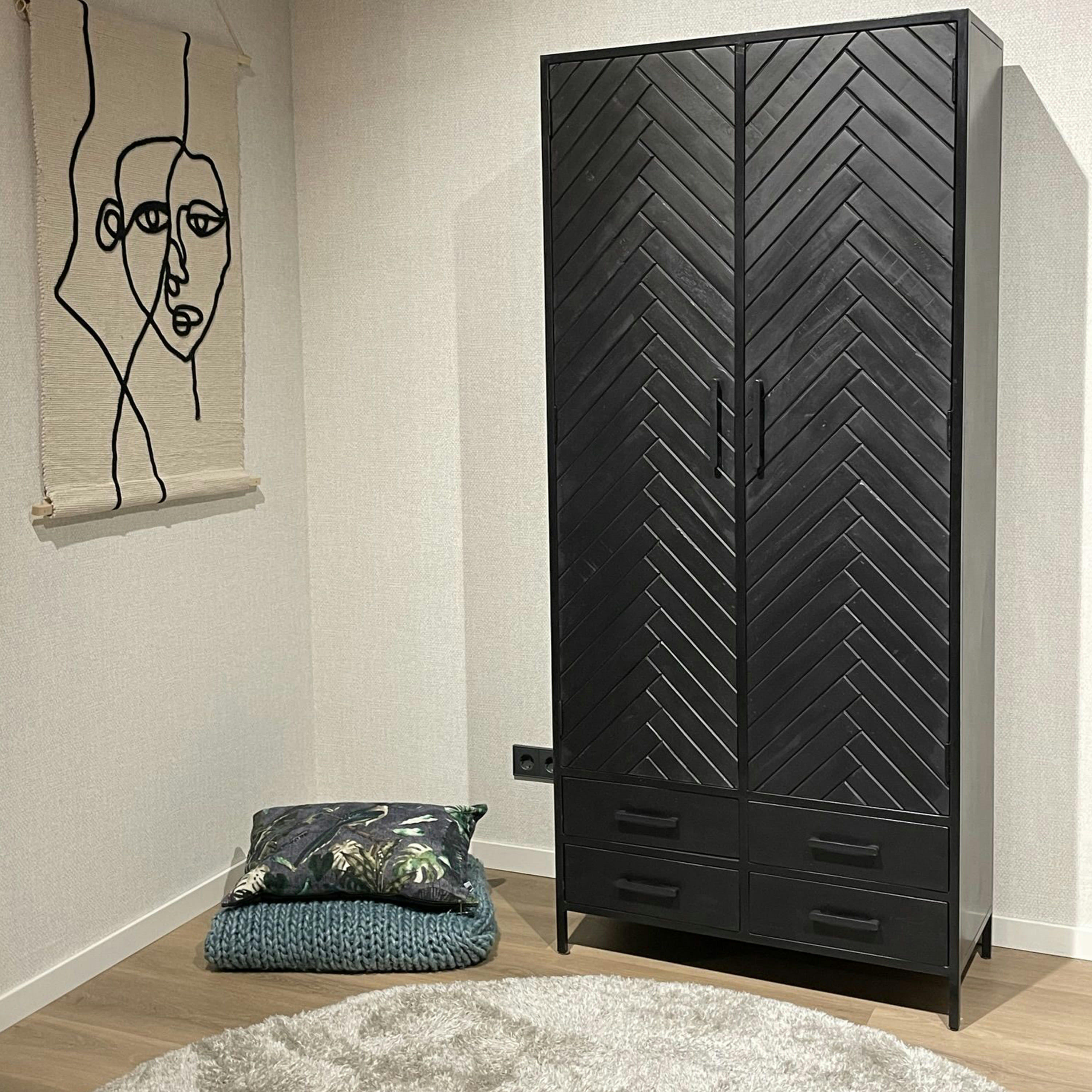 HENDAYE - HENDAYE-Buffet haut 2 portes 4 tiroirs, manguier massif noir et métal