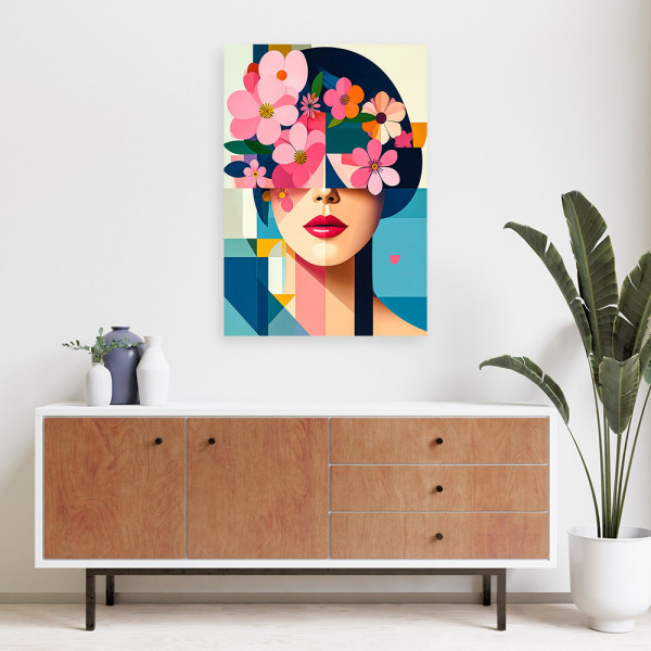 Obraz nowoczesny, Kobieta z kwiatami na głowie w stylu bauhaus 20x30