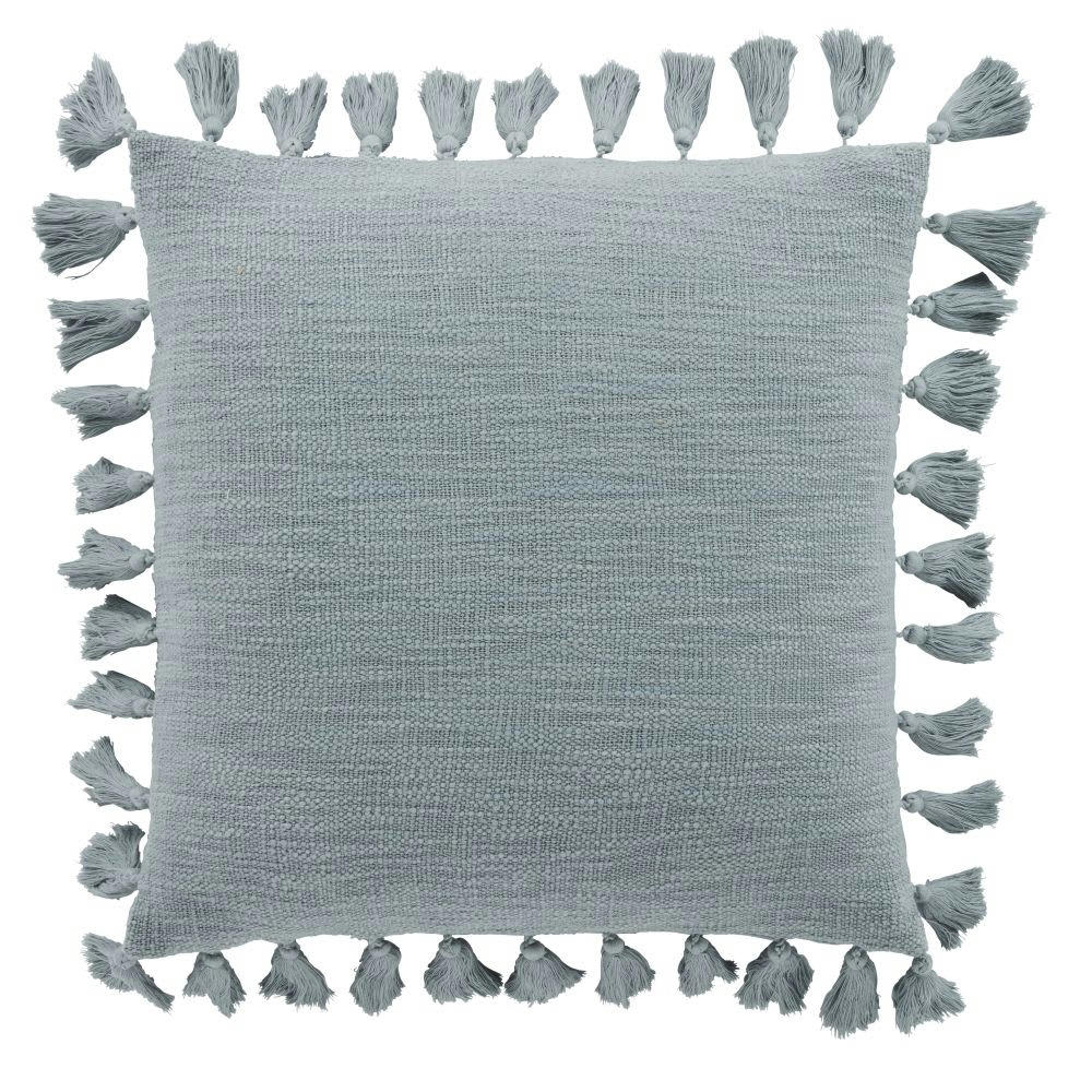 LIMANA - Coussin en coton bleu céladon avec pompons 50x50
