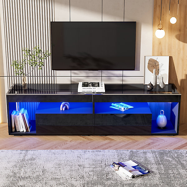 Meuble TV 180x40x46 cm avec LED 16 couleurs et 2 tiroirs, finition laquée noire, plateau verre trempé