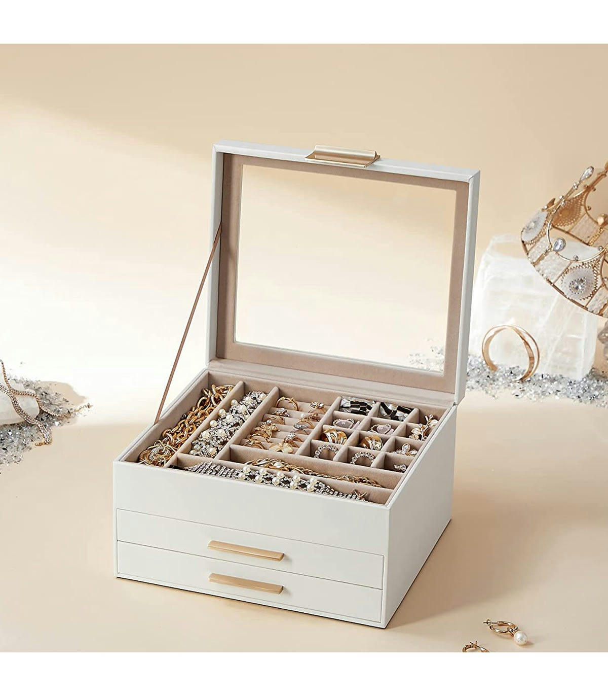 - Boîte à bijoux avec couvercle en verre et 2 tiroirs - L23,1 cm