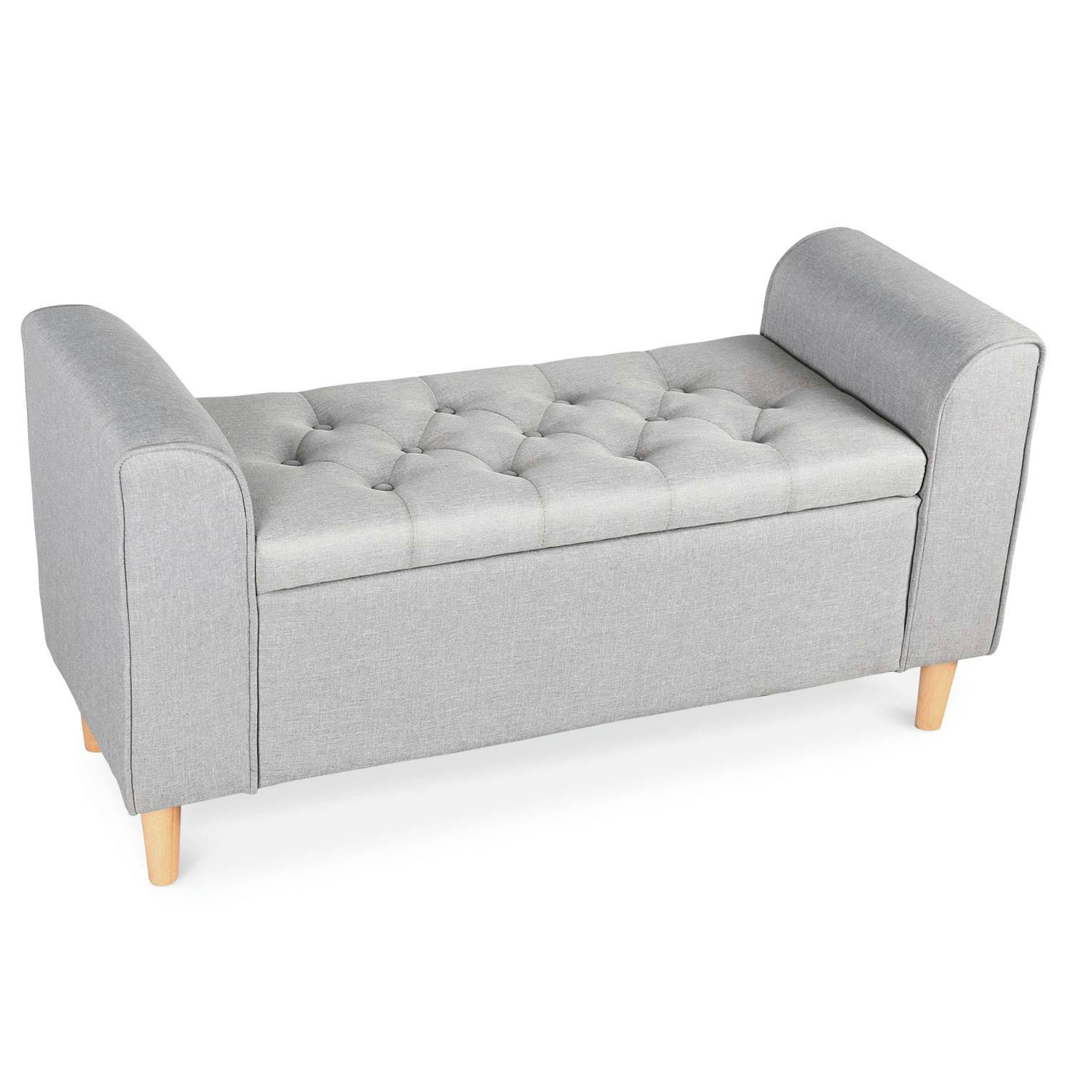 WINNIE - Banc coffre en tissu gris clair et pieds bois