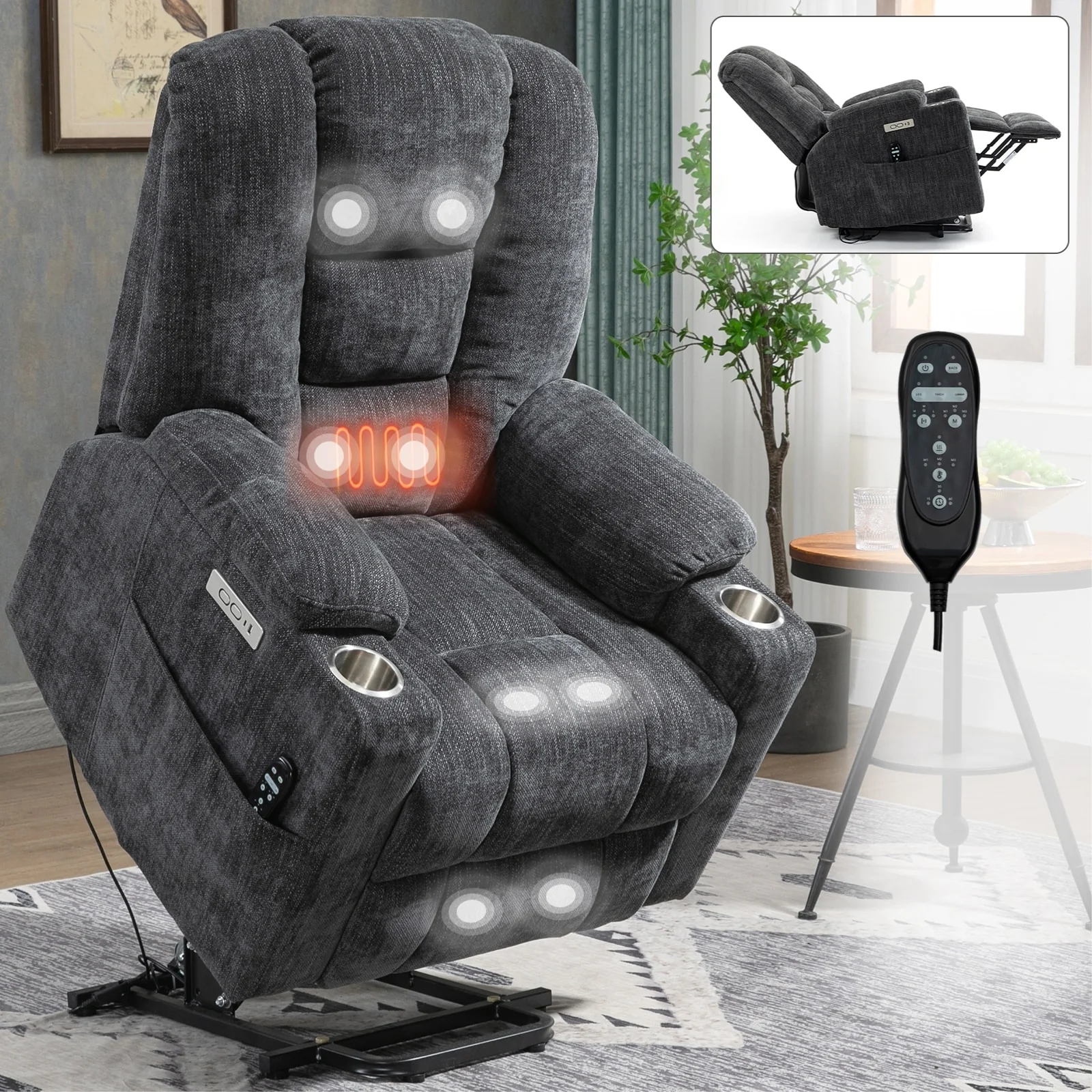 Oversized Power Lift Recliner with Massage & Heat, Dual USB Type-A & Type-C Ports, Steel Cup Holders, and Easy Assembly