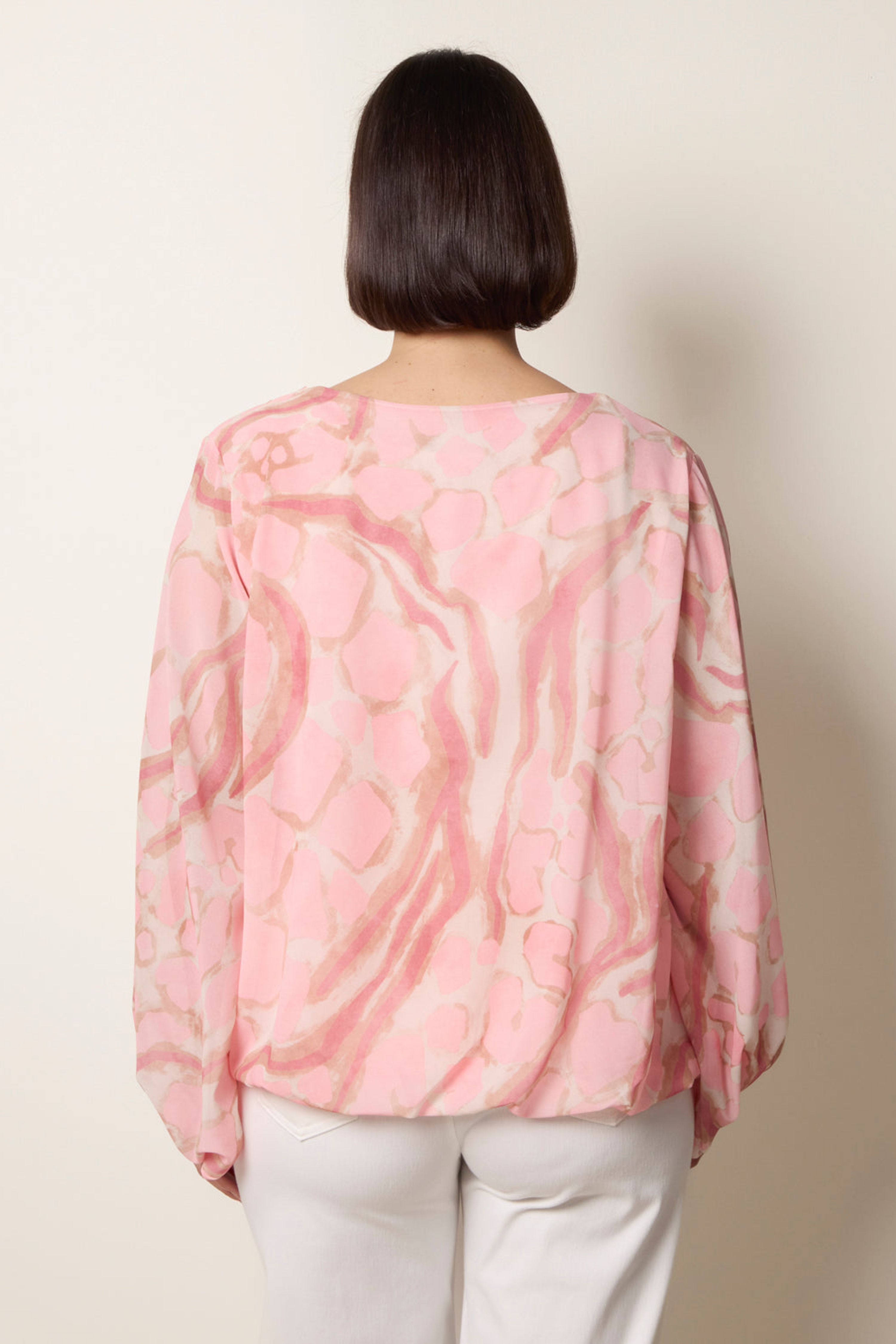 Blue Vanilla Pink Abstract Print V Neck Puffball Top
