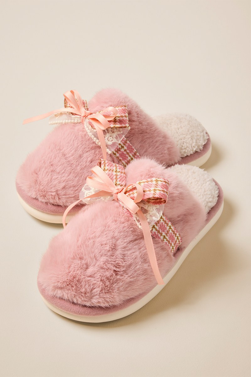 Plaid Bow Fuzzy Slippers