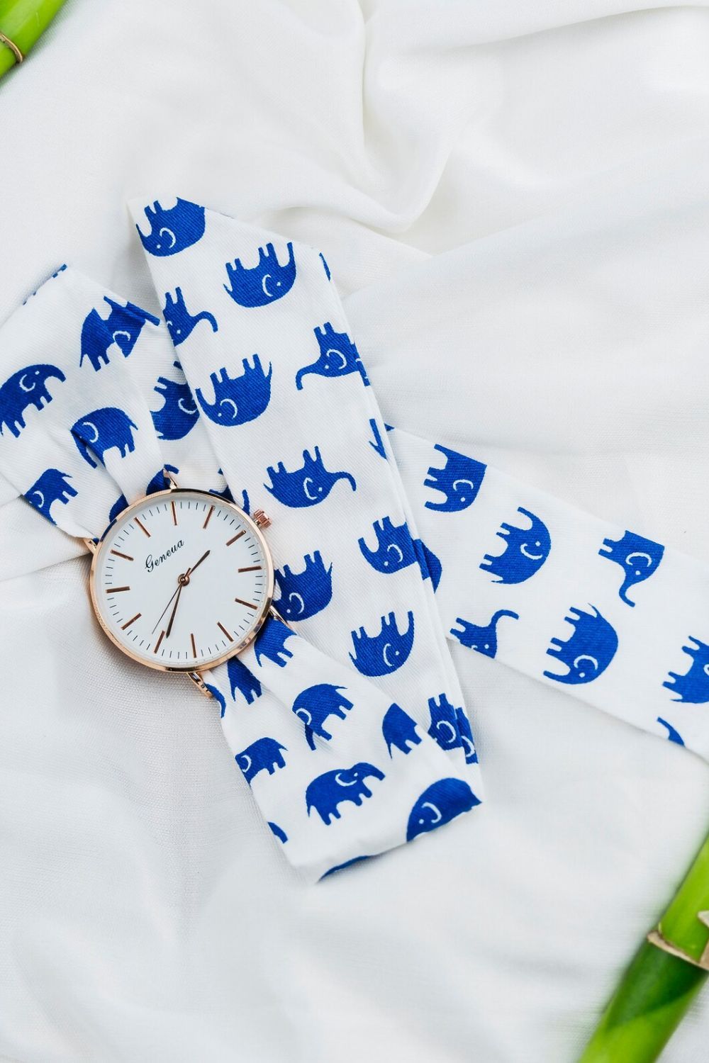 The Colourful Aura Elephant Print Changeable Fabric Cotton Tie Knot Strap Wristwatch