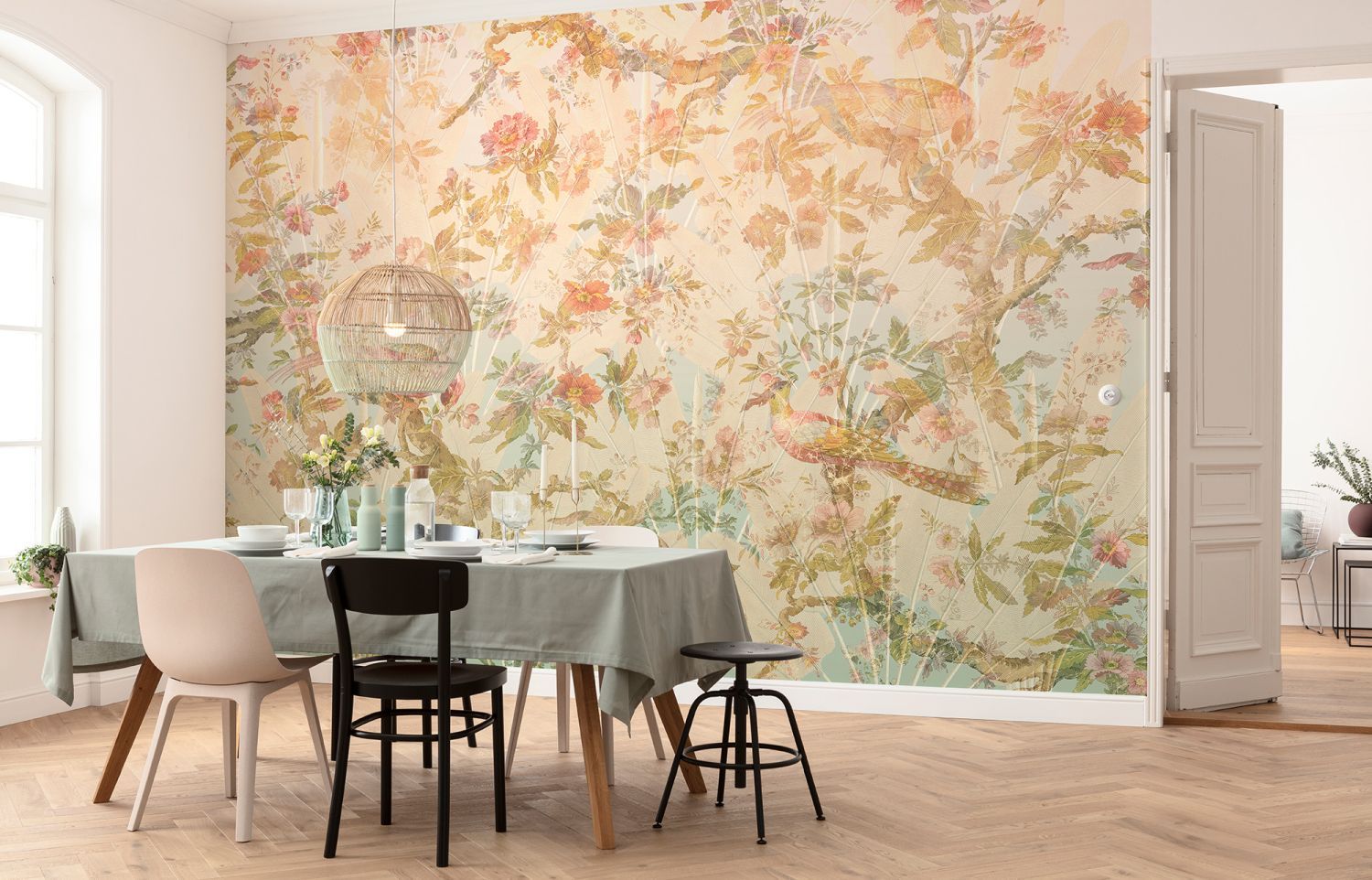 Sanders & Sanders fotobehang tropische bloemen en paradijsvogels roze - 350 x 255 cm - 611855