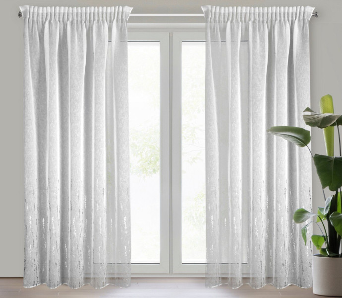 Firana na taśmie w stylu eko z nadrukiem LINZI 140X270 biała   srebrna