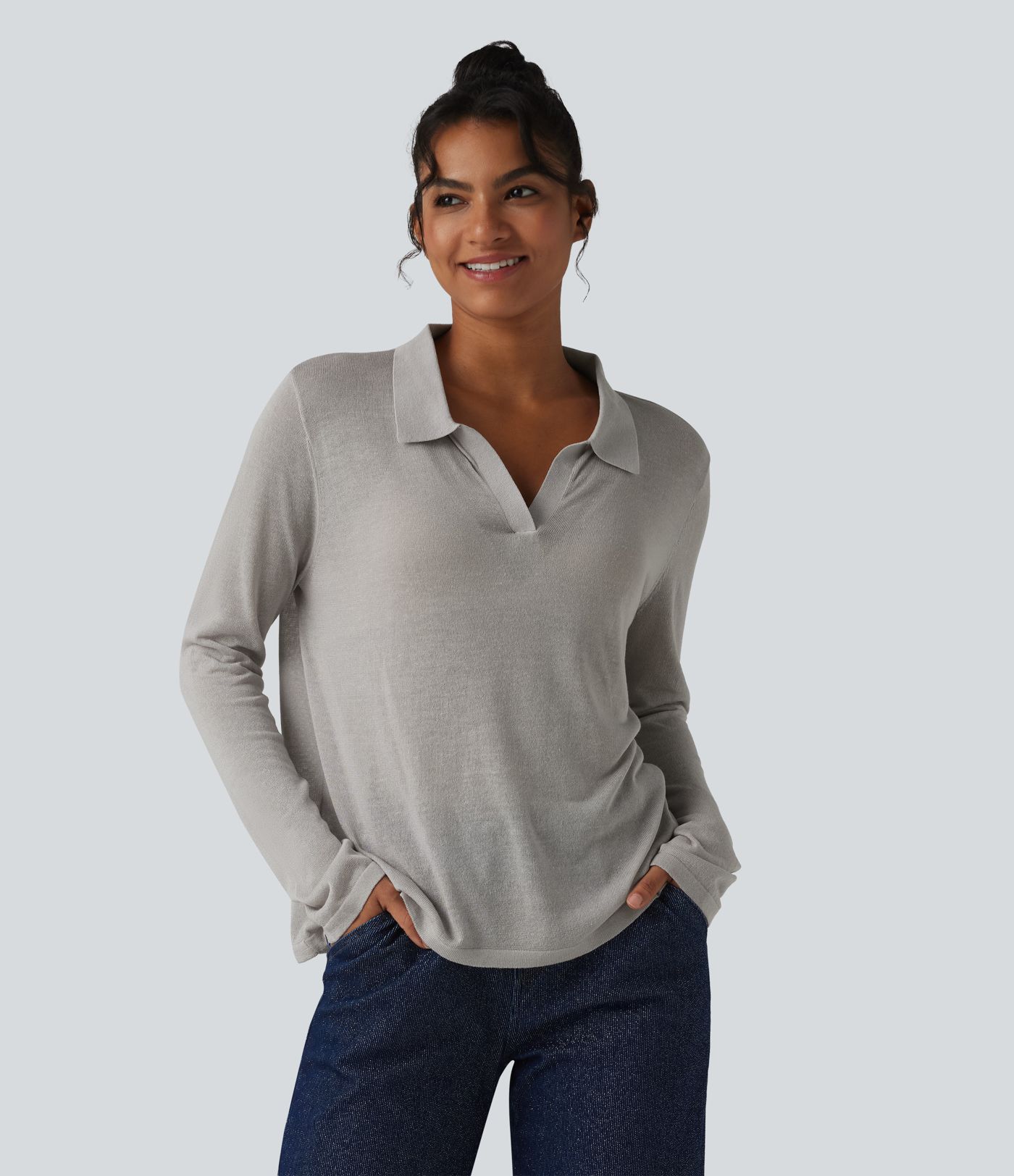 Pull casual en lyocell et lin à col polo et manches longues