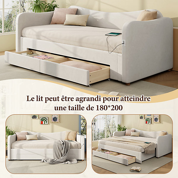 Canapé-lit capitonné 90x200cm - Avec lit gigogne - 2 tiroirs de rangement - Port USB - Tissu velours - Beige (Matelas non inclus)