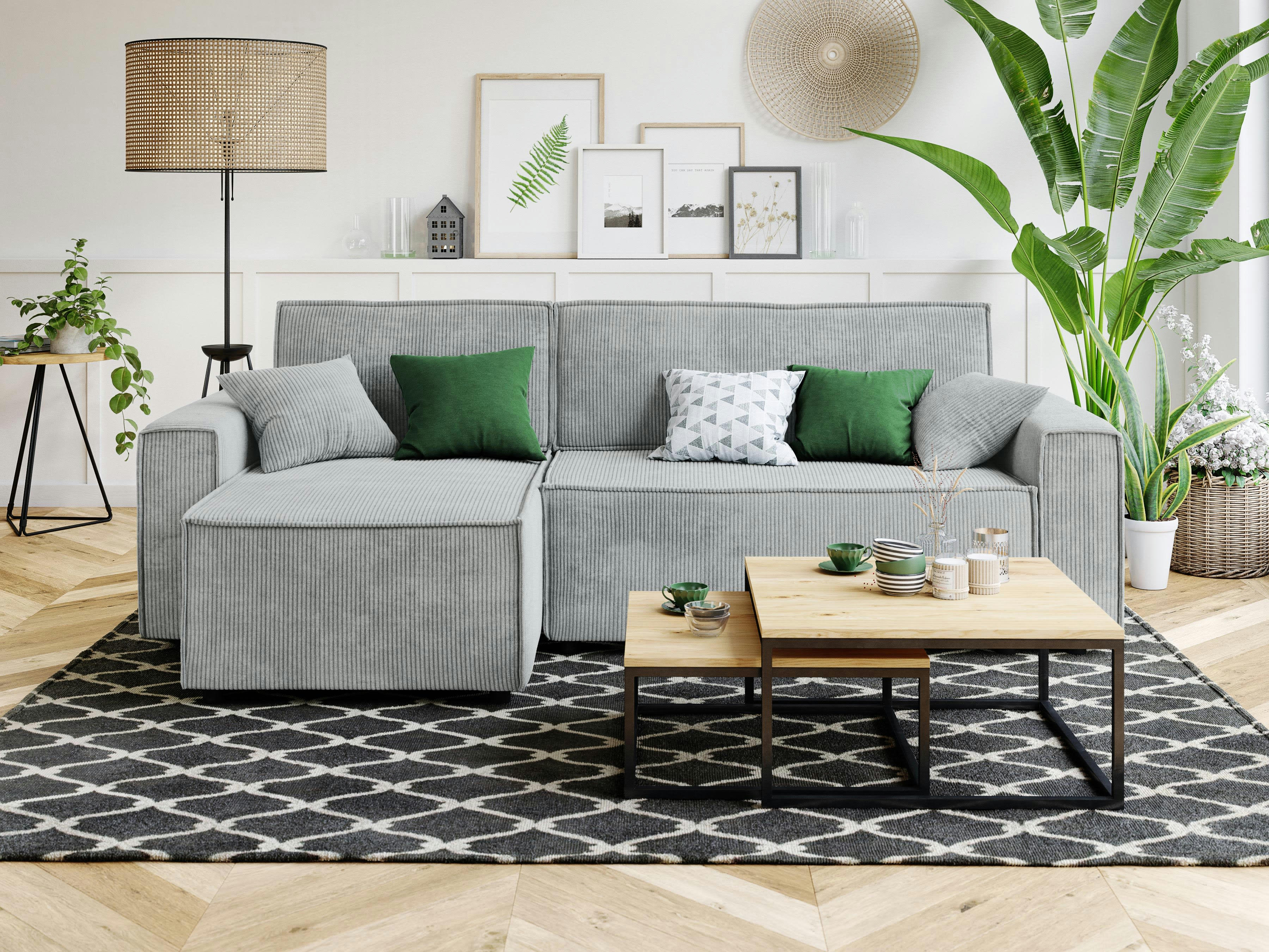 MIRA - Canapé d'angle convertible en velours côtelé 4 places gris clair