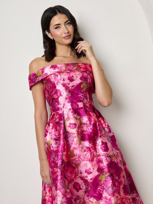 Chi Chi London Bardot Twill Fit and Flare Dress in Pink