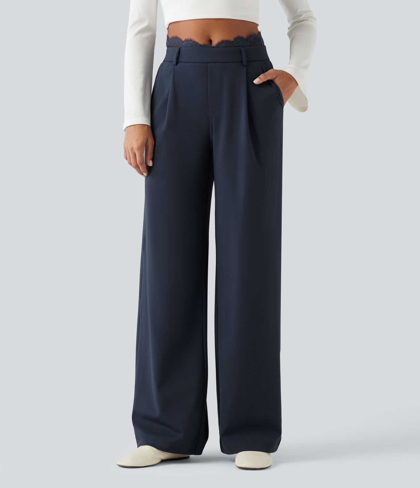 Pantalon de bureau droit Halara Flex™ taille haute avec dentelle contrastée et poches