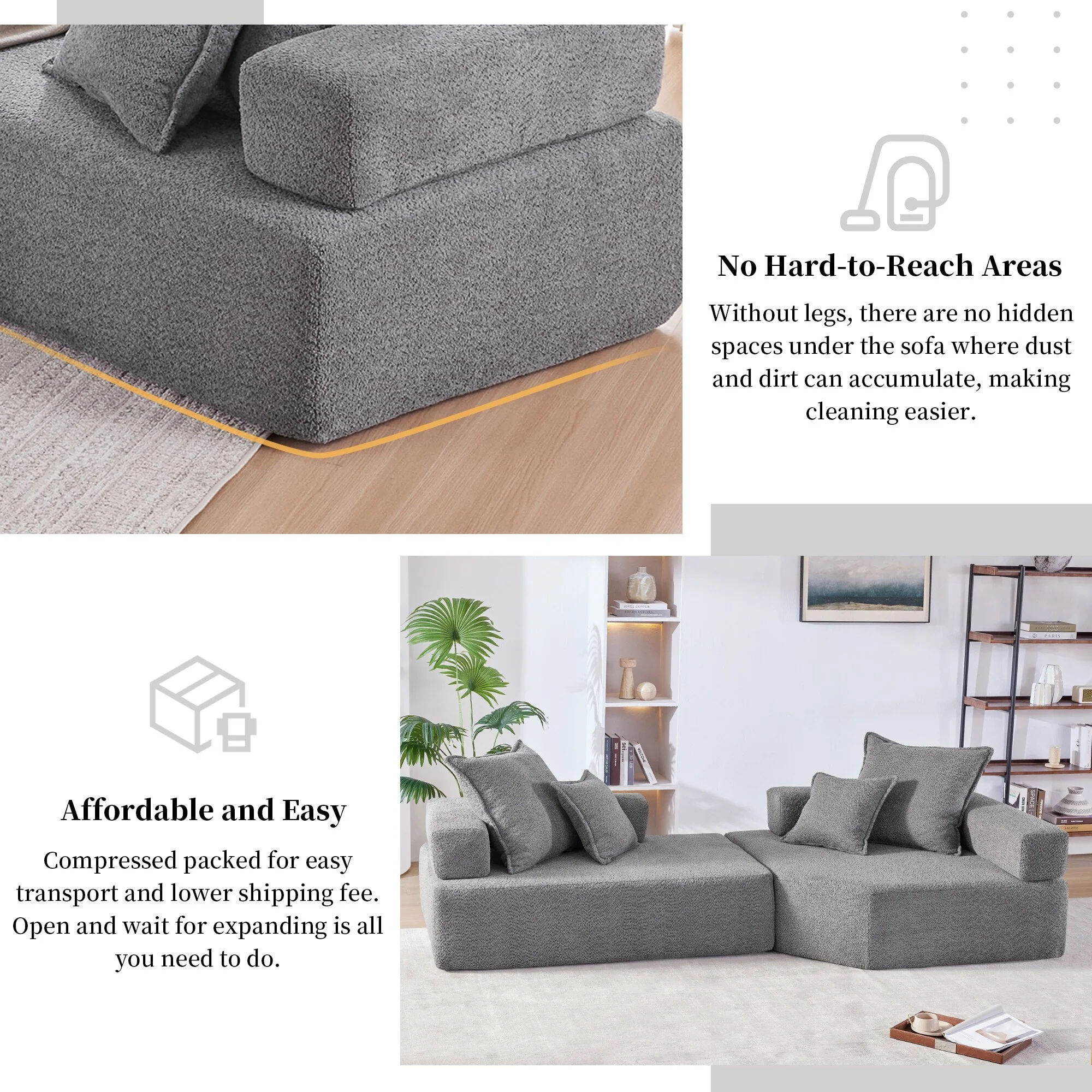 103.5 Boucle Modular Sectional Sofa with 2-Piece Combination and Floor Couch Design