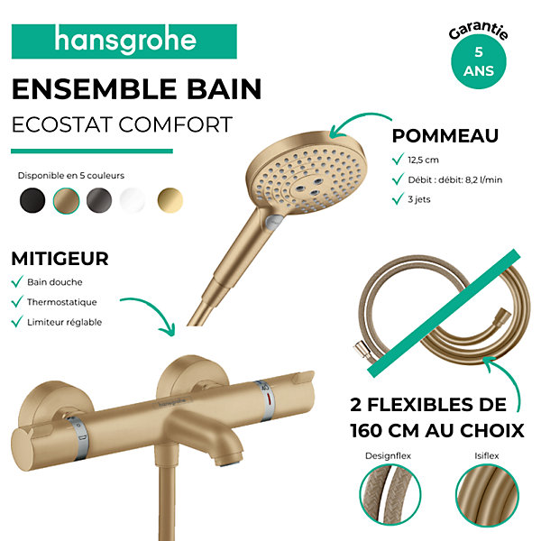 Pack mitigeur bain douche thermostatique HANSGROHE Ecostat Comfort   Flexible Designflex   Pommeau Raindance Select 3jets bronze
