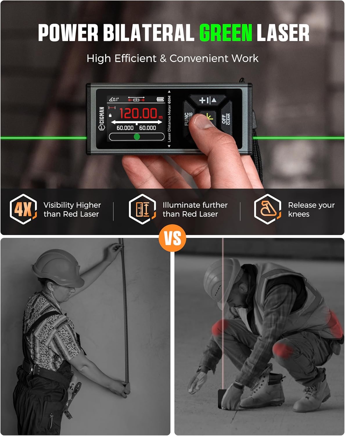 Laser Measurement Tool, CIGMAN 393ft/120M Bilateral Green Laser Distance Measuring Tool Rechargeable with Bubble Level, Laser Measure with Ft/in/M Multiple Units, Backlit IPS, Pythagorean/Area/Volume