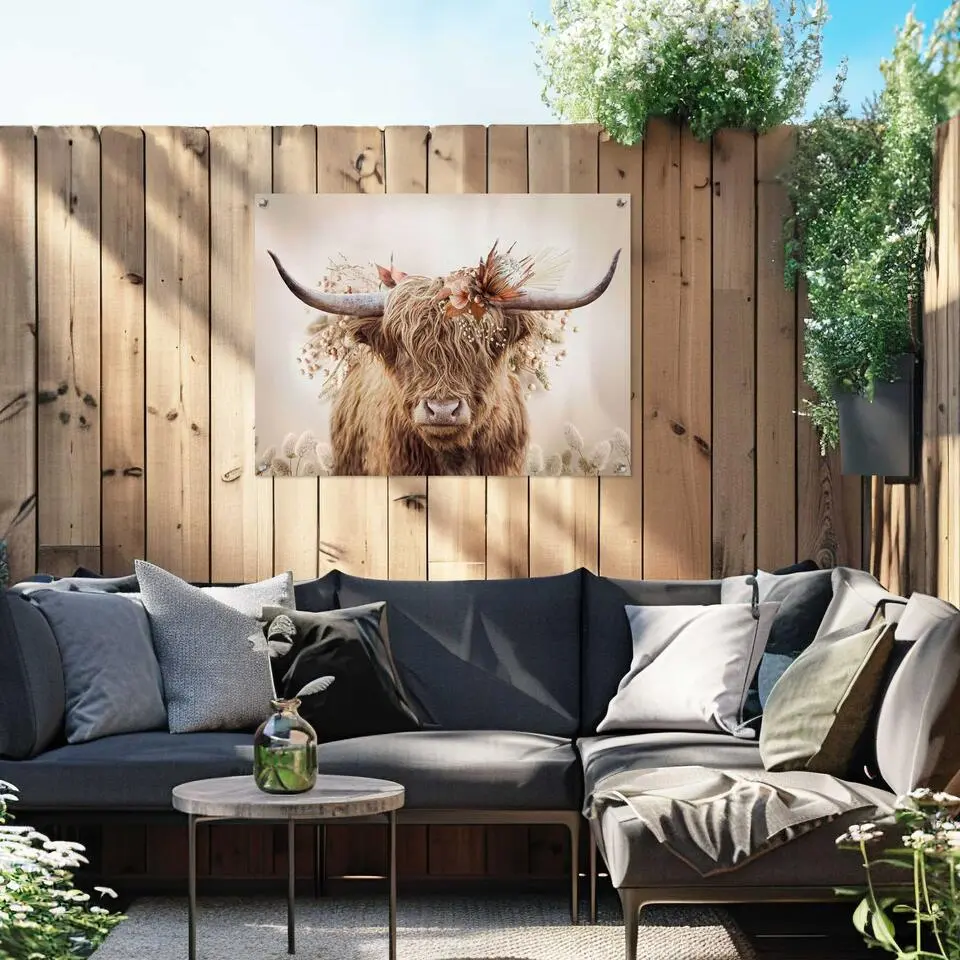 Tuinposter Highlander in bloemen - 60 x 80 - Beige