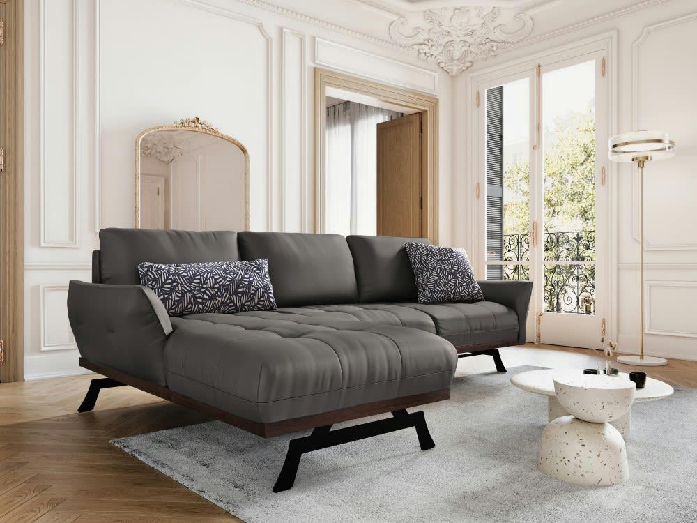 OLIVIER - Canapé d'angle 4 places en cuir gris foncé