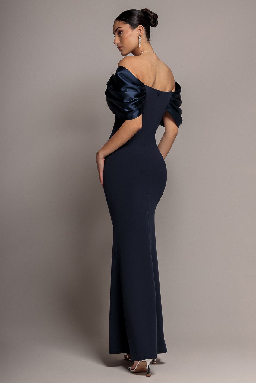 Goddiva Satin Plunge Neck Bardot Scuba Maxi Dress