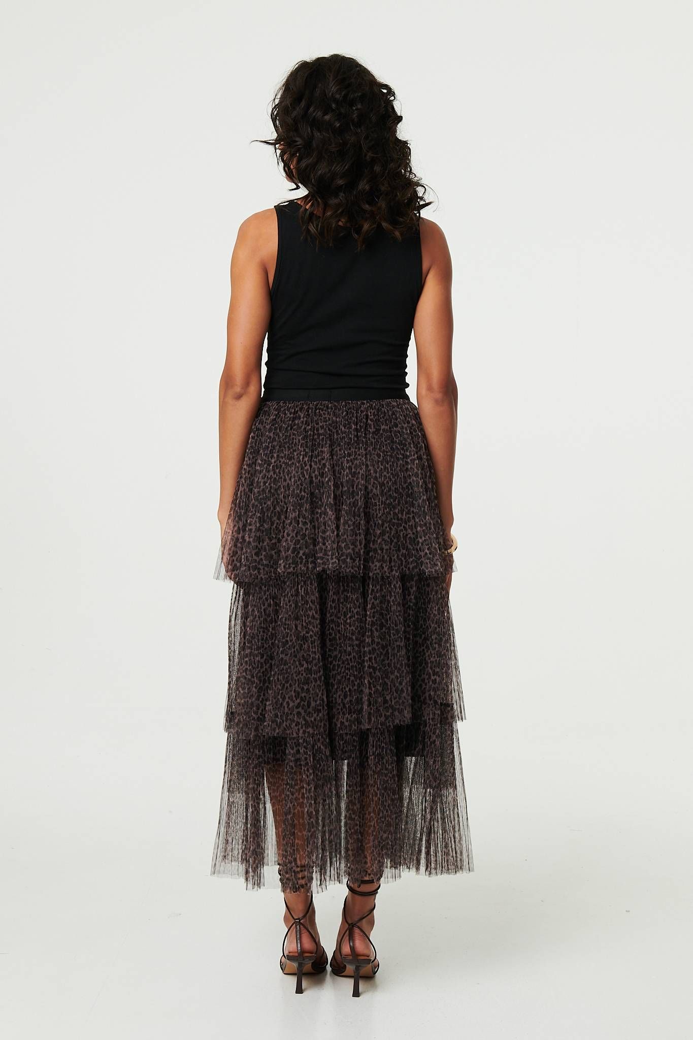Izabel London Animal Print Tiered Midi Skirt