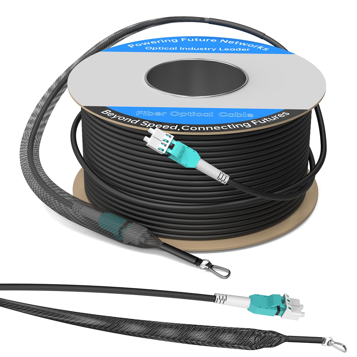 100M/328FT OM3/OM4 LC to LC Outdoor Armored Fiber Optic Patch Cable  Multimode Duplex 50/125μm  10Gb/40Gb/100Gb  Industrial TPU Jacket  Direct Burial  Uniboot  MMF  OD 5mm  Pulling Eye Kit Installed
