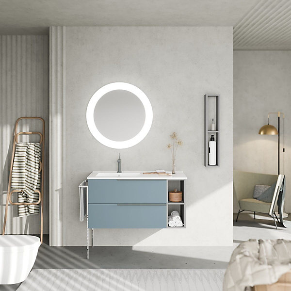 Meubles De Salle De Bains 100Cm Tiroirs Céleste Mat Avec Lavabo En Céramique Et Miroir Rond 75Cm - New York