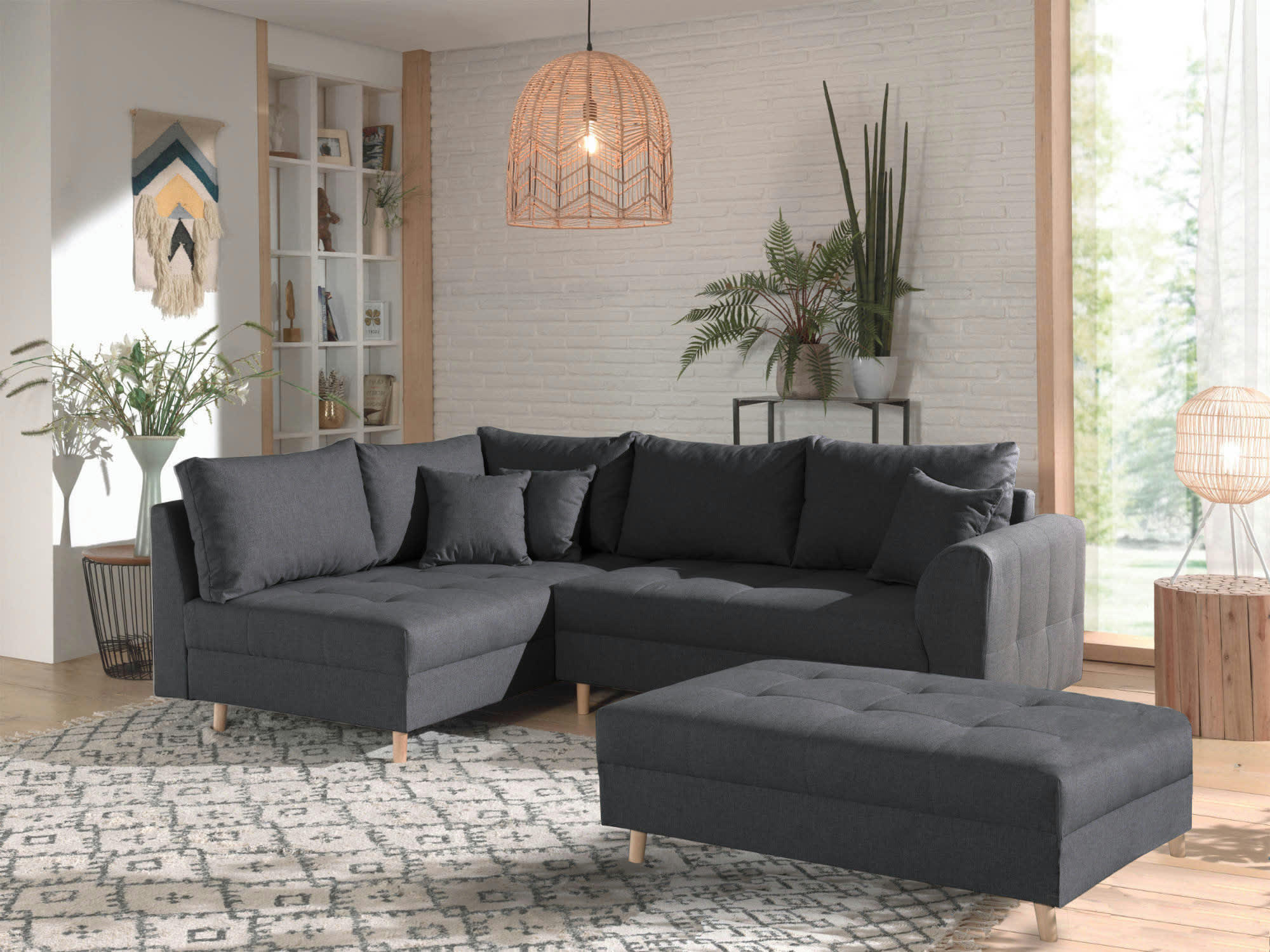 RUNE - Canapé d'angle gauche convertible 4 places en tissu gris foncé