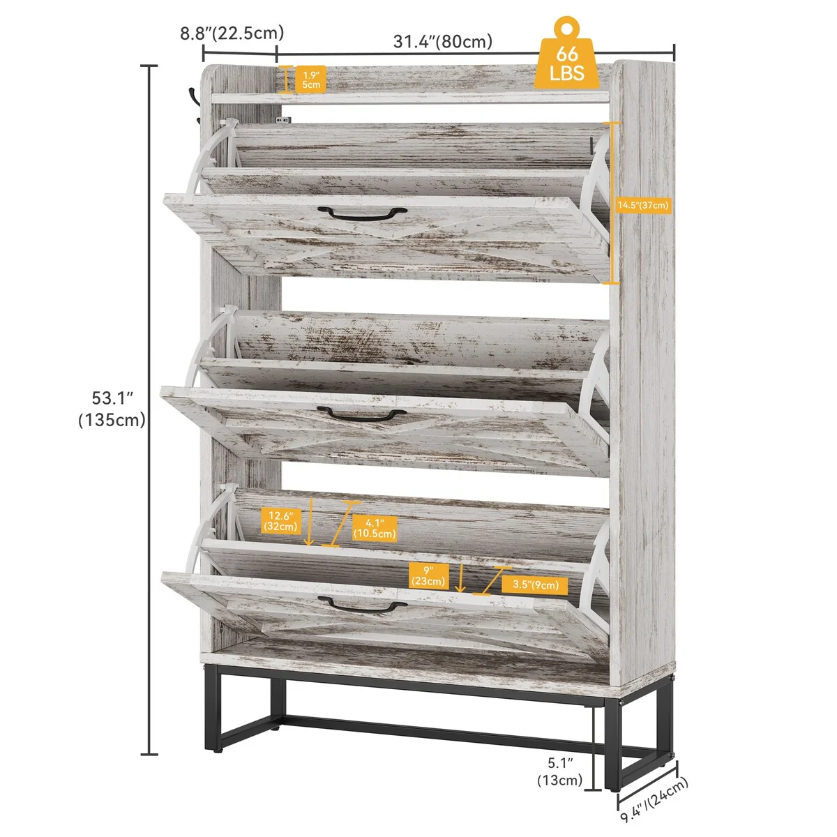 Moasis Farmhouse Flip Shoe Cabinet Shoe Storage Cabinet with 3 Flip Doors Adjustable Shelf - 31.4L x 8.8W x 53.1H