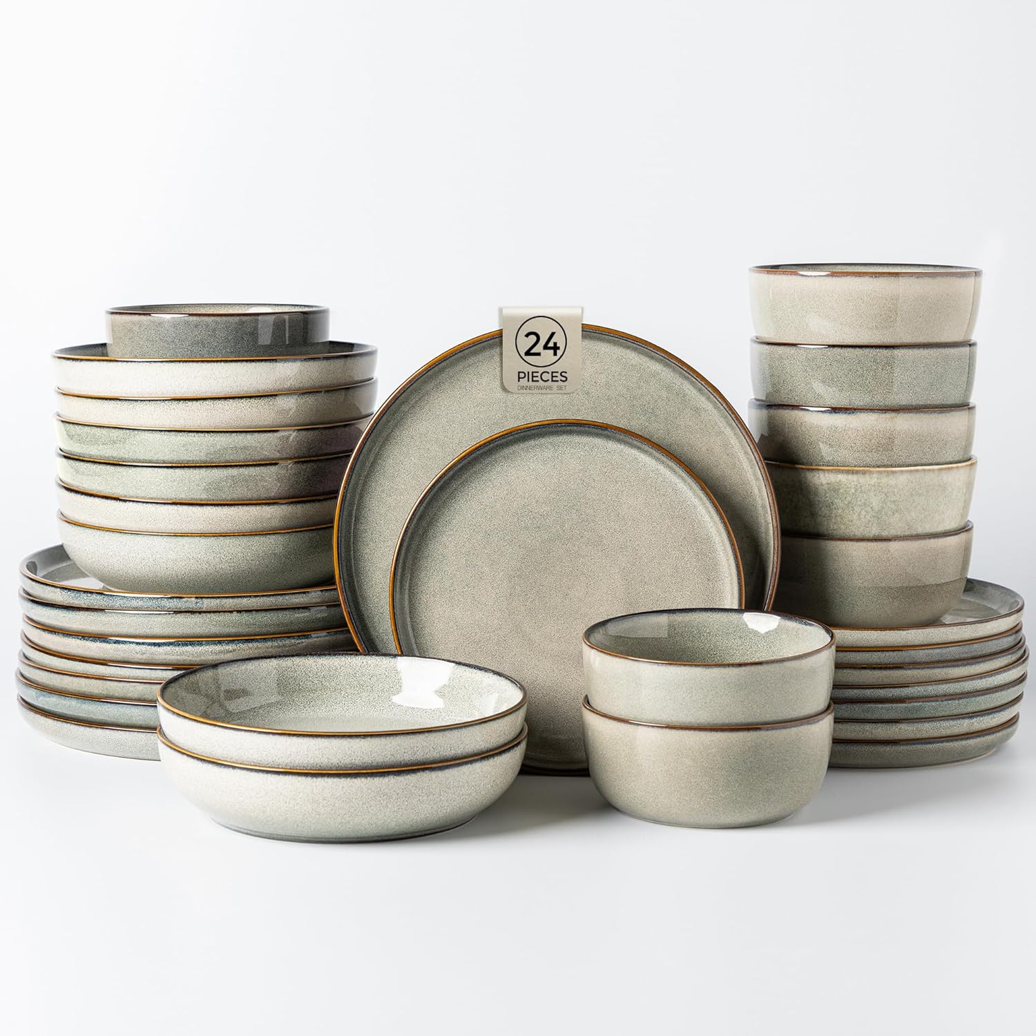 GBHOME 24 Pieces Double Bowls Ceramic Dinnerware Sets for 6, Stoneware Plates and Bowls Set with Reactive Glaze, Scratch Resistant Stoneware Dishes Set, Dishwasher & Microwave Safe